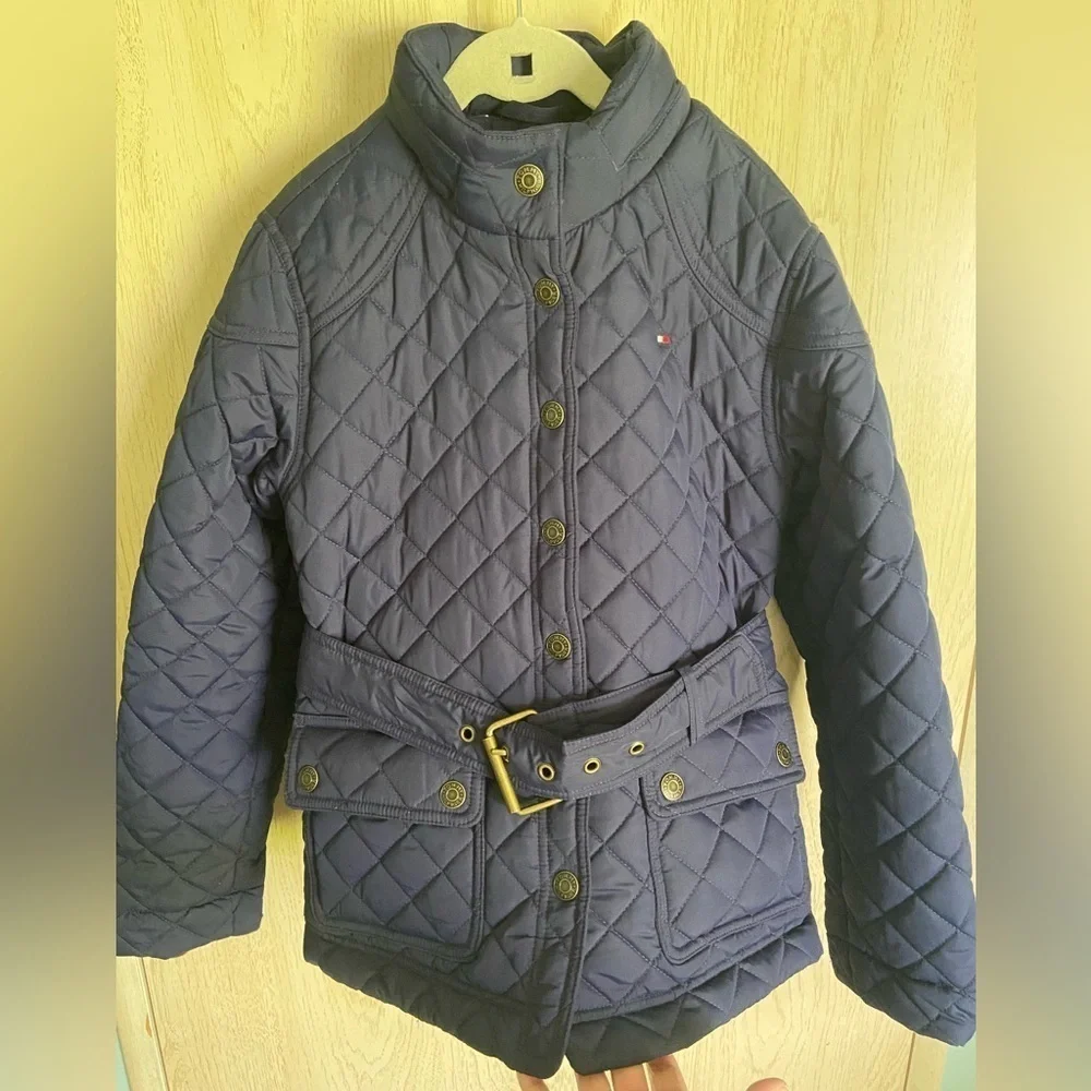 Tommy Hilfiger GIRLS Quilted Navy Blue Jacket w/ Hood & Belt L 12/14